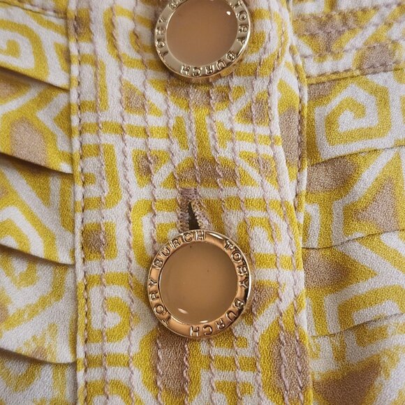 Tory Burch Blouse Womens 4 Yellow Geometric Pleated Silk Long Sleeve Boho Top - Picture 2 of 11